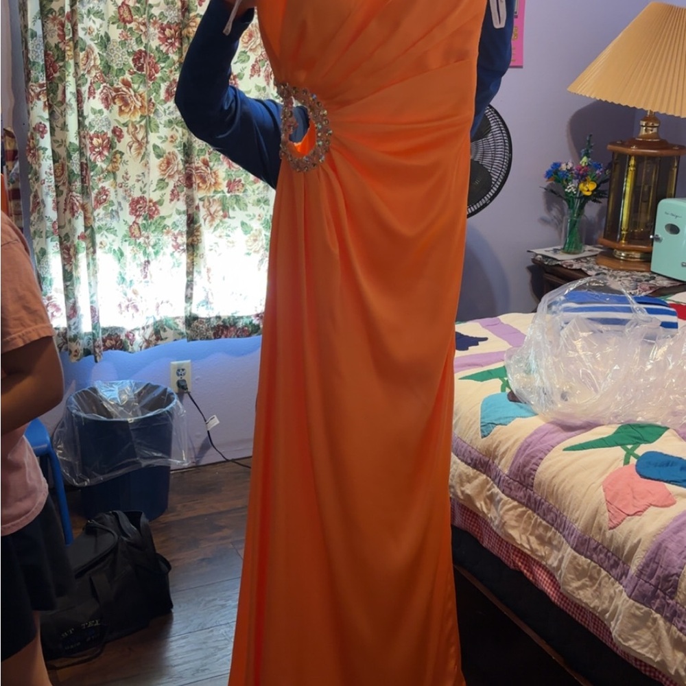 Precious Formals Orange Ruched One Shoulder Prom Gown